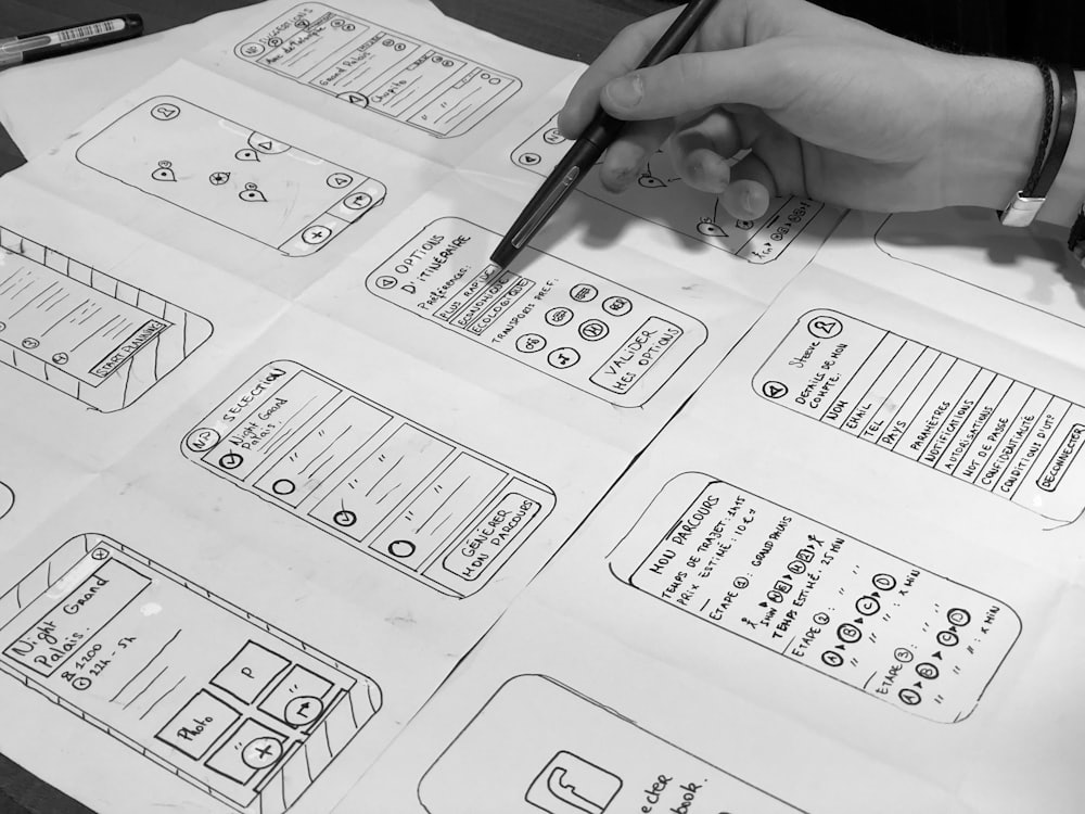 Hand-drawn interface wireframes